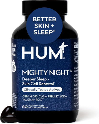 HUM Mighty Night Night-time Sleep Supplement for Skin care, CoQ10, Valerian Root & Ferulic Acid, 60 Vegan Softgels