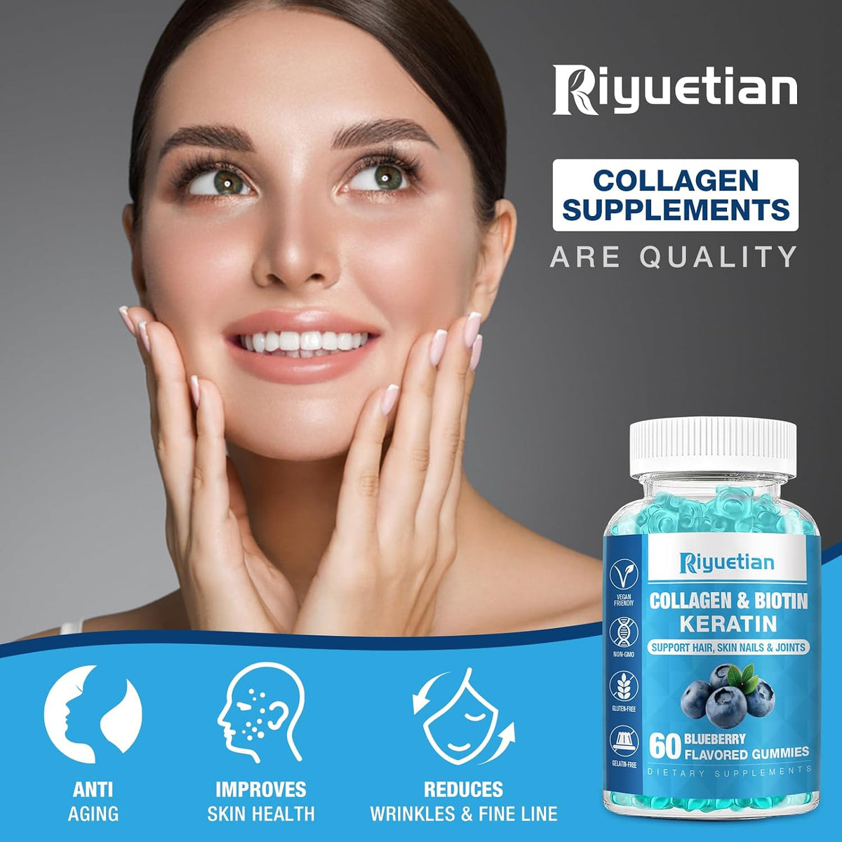Riyuetian Biotin Gummies 15000mcg with Collagen - Hair, Skin & Nails Support - Vegan, Non-GMO - 60 Gummies - görsel 4
