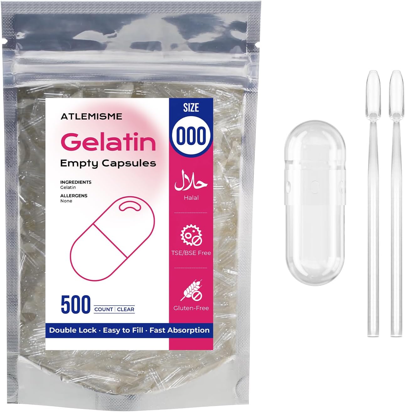 ATLEMISME Empty Gelatin Capsules Size 000 - 500 Count with 2 Micro Lab Spoons - görsel 1
