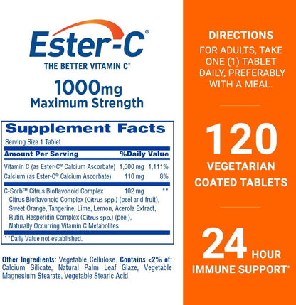 Ester-C Vitamin C 1000 mg Coated Tablets, 120 Tablets