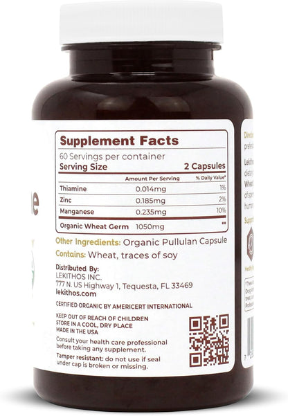 Lekithos Organic Spermidine Capsules | Organic Wheat Germ Extract | Promotes Cell Renewal, Healthy Ageing | Thiamine, Zinc, Manganese | 1050mg Per Serving | Certified Organic, Vegan, Non-GMO | 120 Capsules