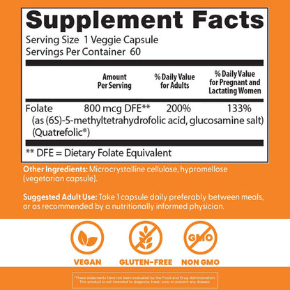Doctor's Best Folate Supplement 800 mcg – Methylated Folate (5-MTHF) – Fully Active – 60 Vegan Capsules