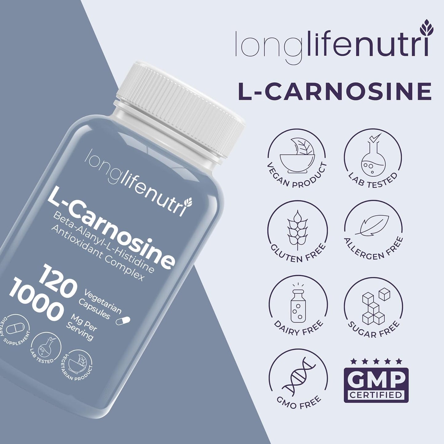 LongLifeNutri L-Carnosine 1000mg - Beta-Alanyl-L-Histidine Supplement for Cellular Energy & Brain Clarity, 120 Vegan Capsules - görsel 7
