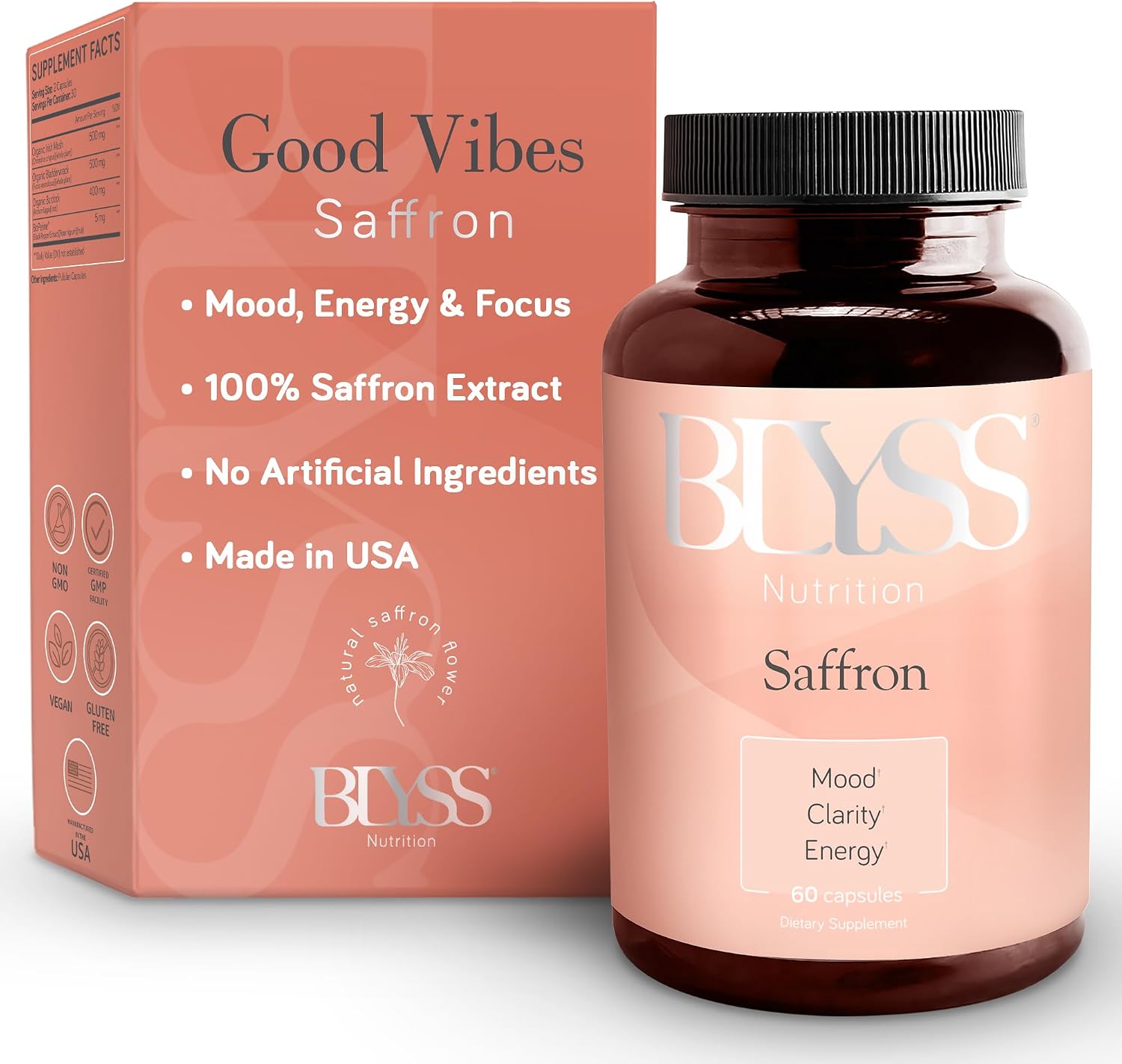 BLYSS Nutrition Saffron Extract Capsules – GOOD VIBES for Women – Mood, Energy & PMS Support - görsel 1