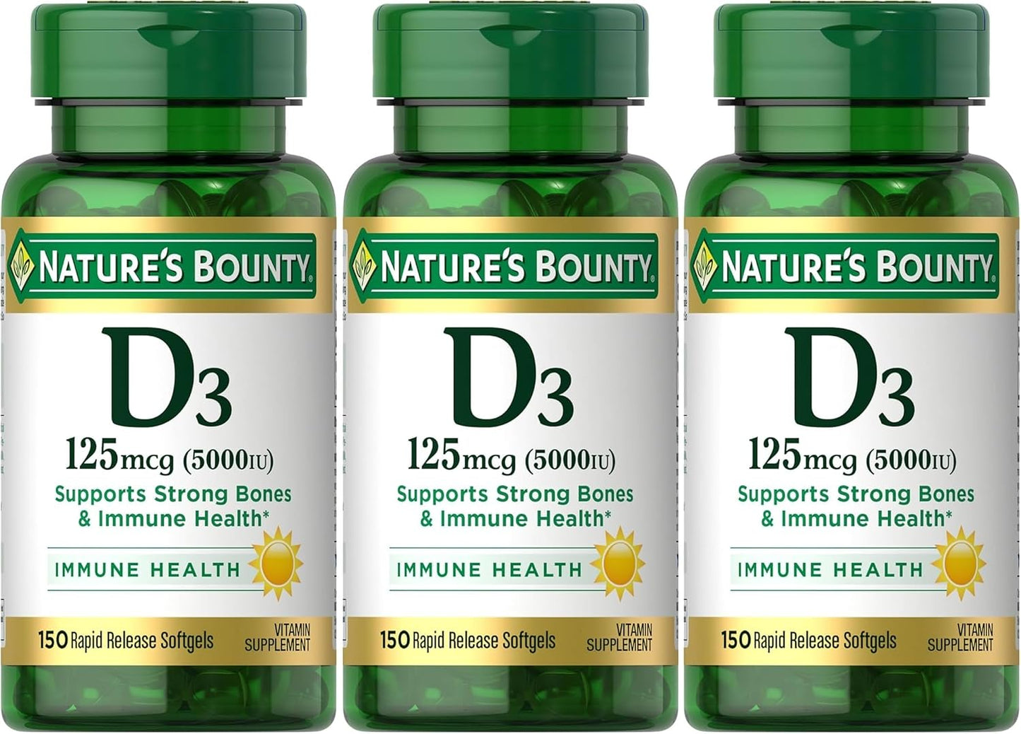 Nature's Bounty Vitamin D3 125 mcg (5000 IU) Softgels, 150 Count (Pack of 3) - görsel 1