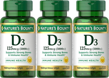 Nature's Bounty Vitamin D3 125 mcg (5000 IU) Softgels, 150 Count (Pack of 3)