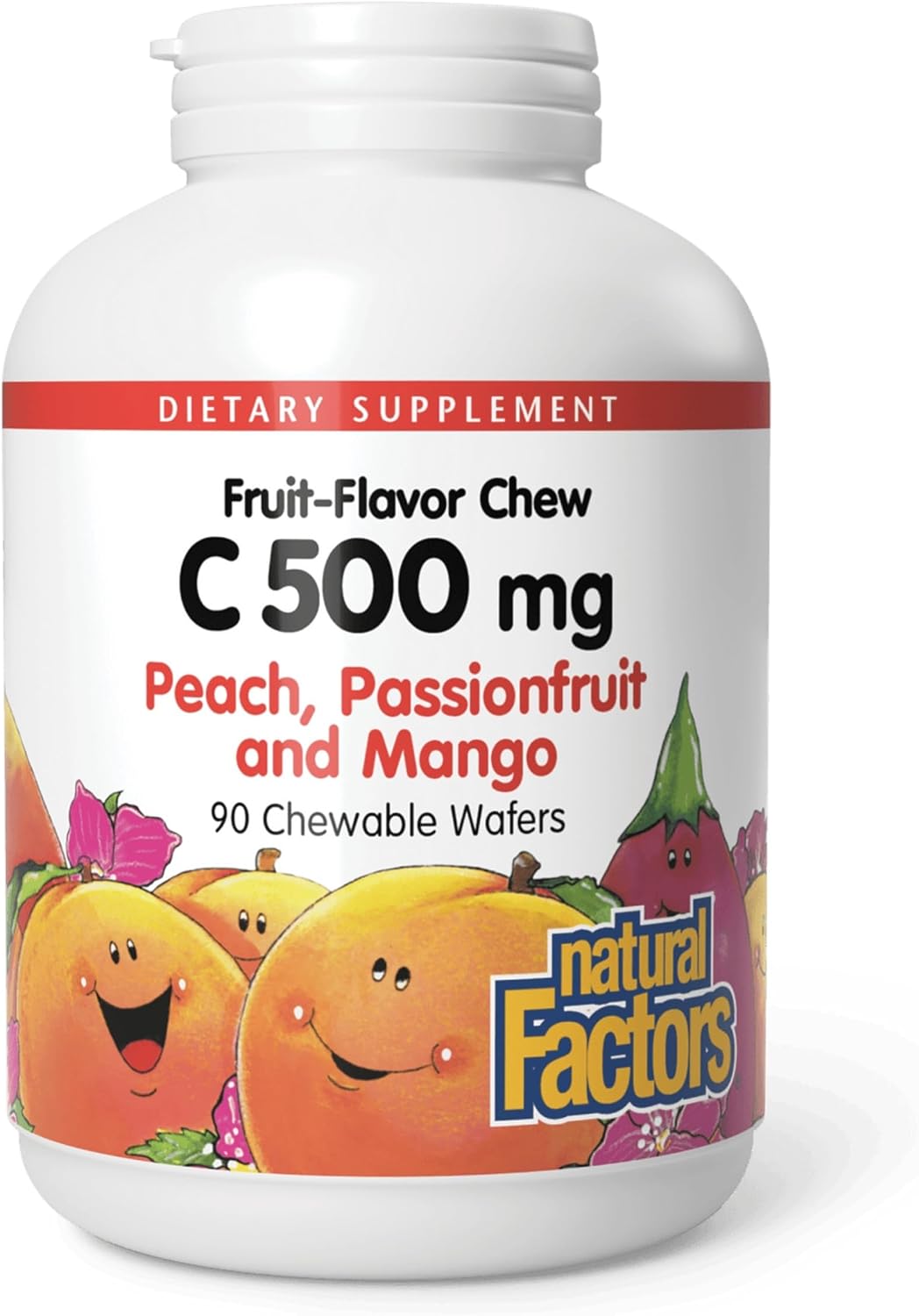Natural Factors Kids Chewable Vitamin C 500 mg - Immune Support, Bones, Teeth, Gums - Peach, Passionfruit & Mango - 90 Wafers - görsel 1