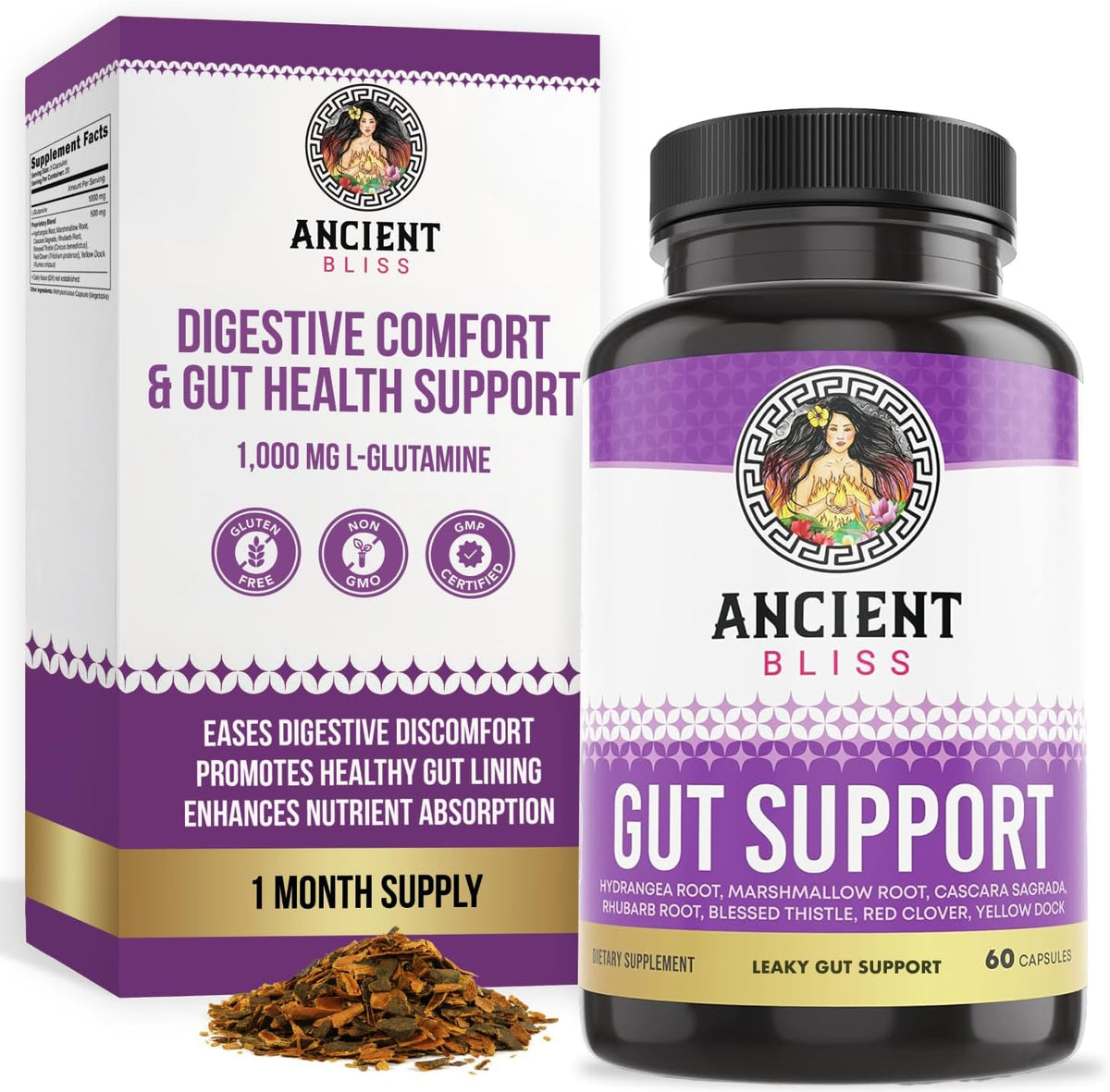 Ancient Bliss Leaky Gut Supplement – L-Glutamine Capsules with Blessed Thistle & Hydrangea Root – Vegan, Non-GMO – 60 Capsules - görsel 1