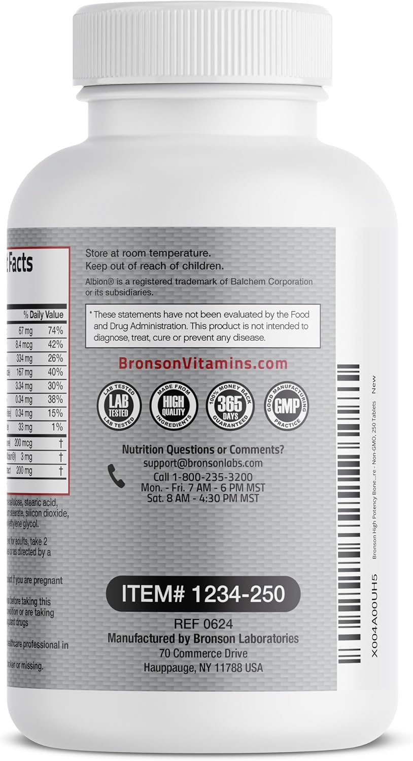 Bronson Bone Health & Strength Complex - High Potency Formula with Vitamin K2 MK-7, Calcium, Magnesium, Vitamin D3, Boron, Cissus Quadrangularis - Non-GMO, 250 Tablets - görsel 6