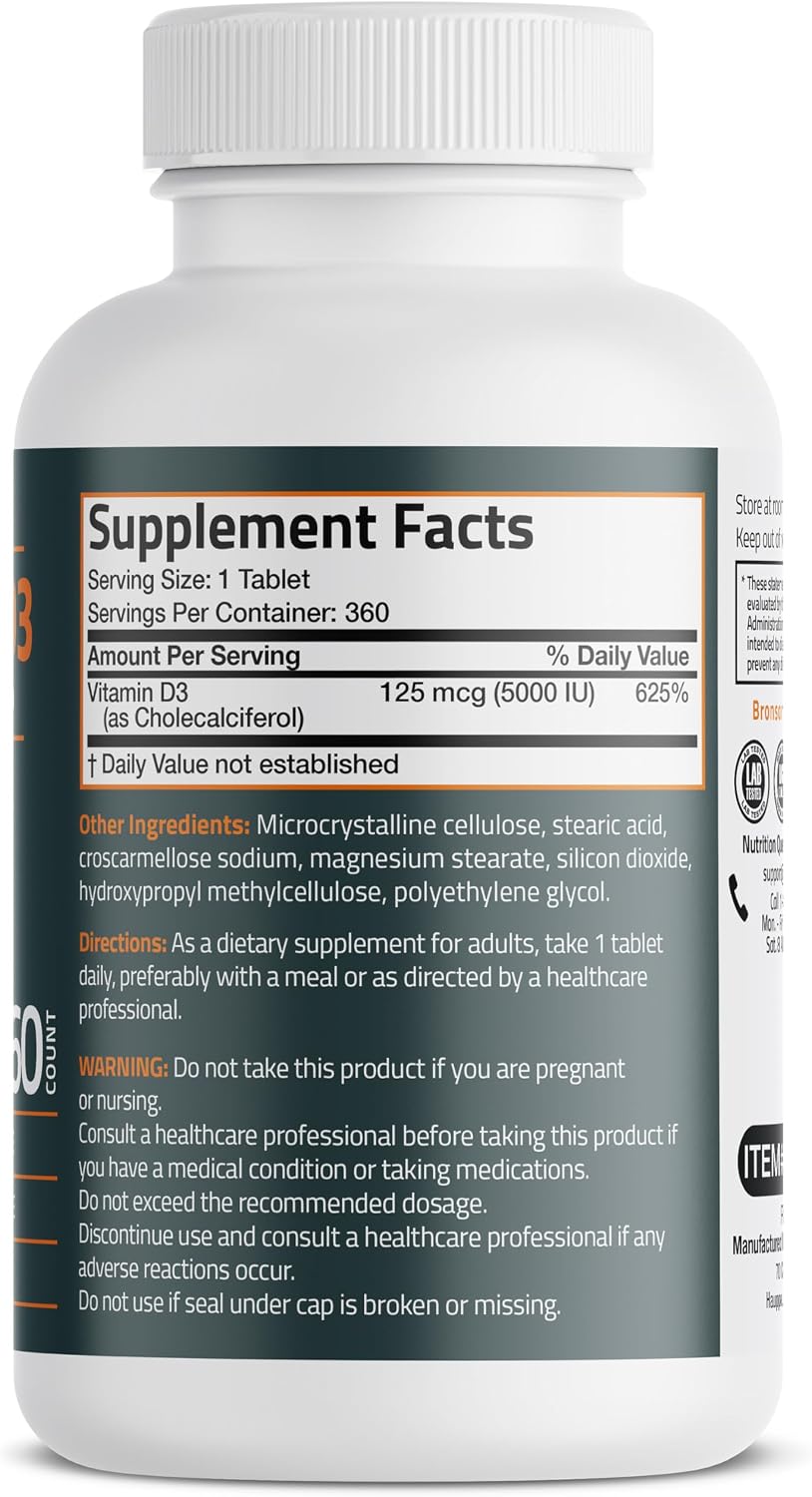 Bronson Vitamin D3 5000 IU (125mcg) Non-GMO Gluten-Free Soya-Free 360 Tablets - görsel 2