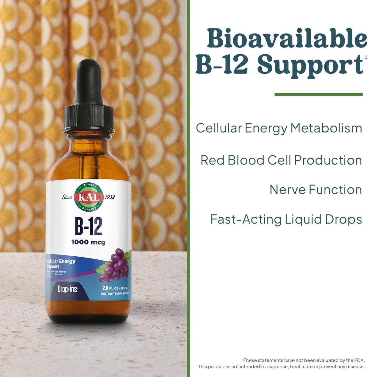 KAL B12 1000 mcg DropIns – High Absorption Liquid Vitamin B12, Natural Grape Flavour, 196 Servings - görsel 3