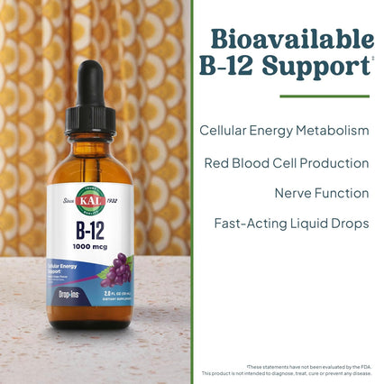 KAL B12 1000 mcg DropIns – High Absorption Liquid Vitamin B12, Natural Grape Flavour, 196 Servings
