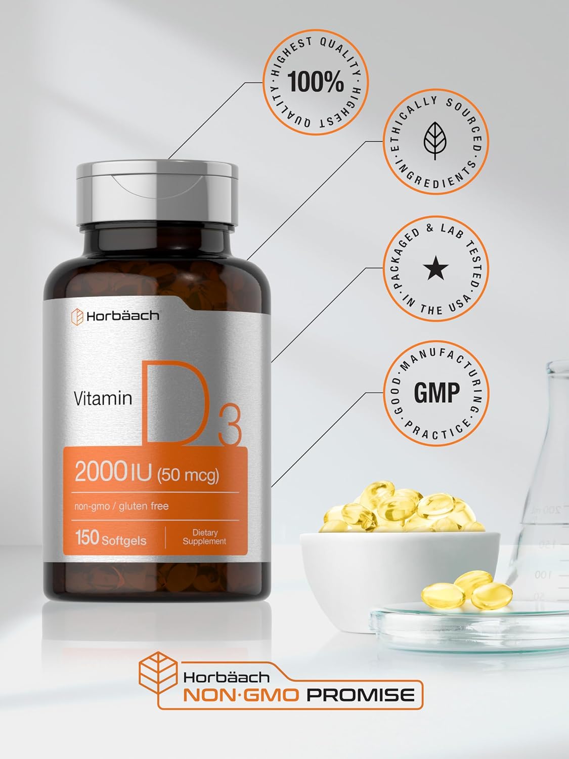 Horbaach Vitamin D3 2000 IU Softgels | 150 Count | Cholecalciferol Supplement - görsel 6