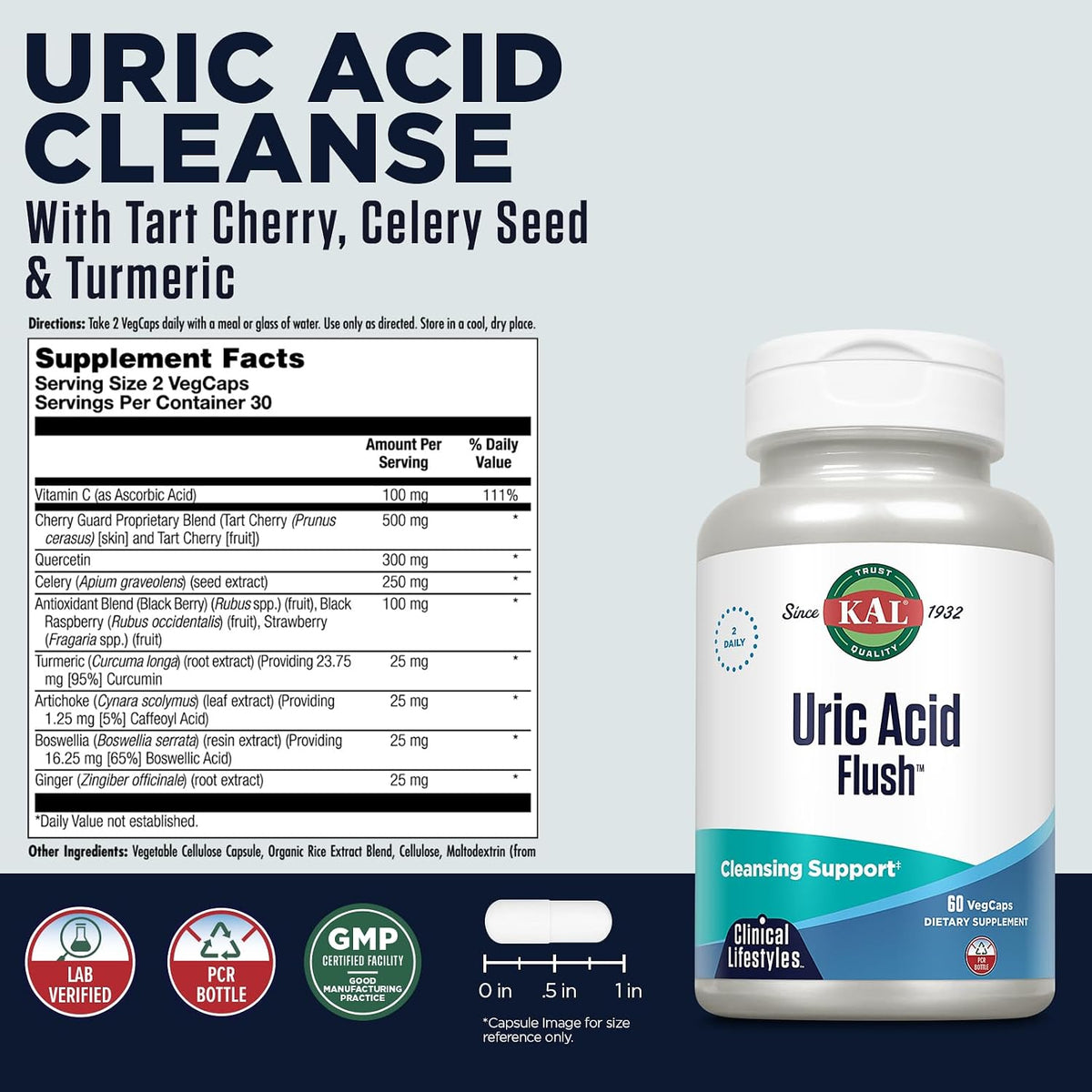 KAL Uric Acid Flush - Tart Cherry Blend, Celery Seed and More - 60 Vegetable Capsules - görsel 3