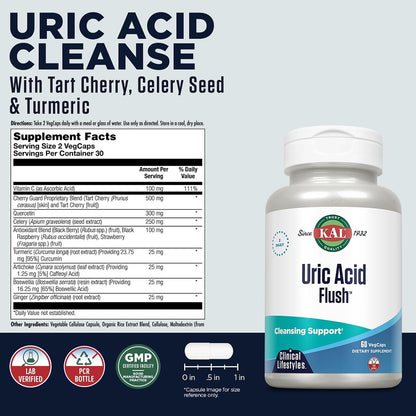 KAL Uric Acid Flush - Tart Cherry Blend, Celery Seed and More - 60 Vegetable Capsules