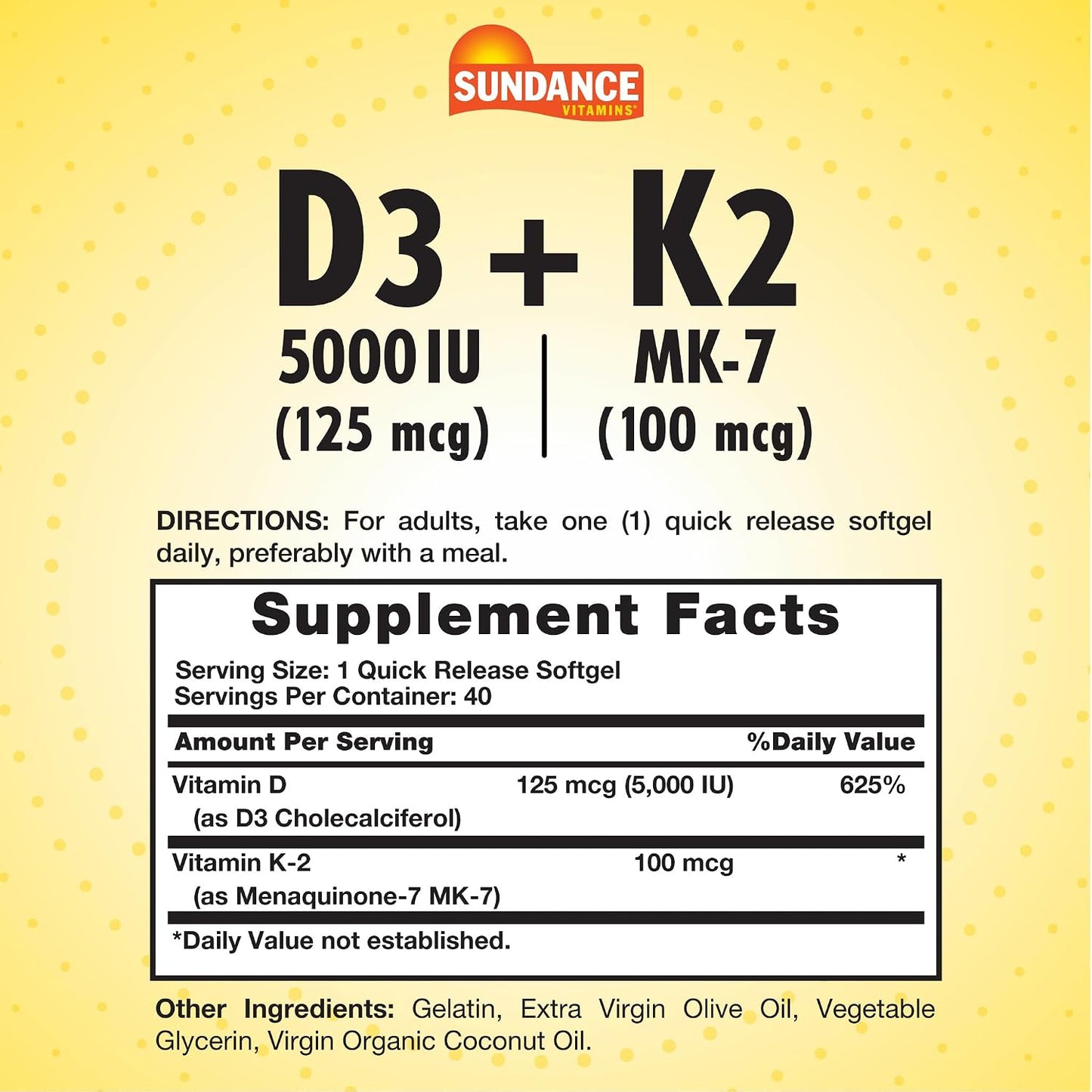 Sundance Vitamin D3 K2 | 40 Quick Release Softgels | 5000 IU | Non-GMO and Gluten-free Supplement - görsel 2