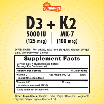 Sundance Vitamin D3 K2 | 40 Quick Release Softgels | 5000 IU | Non-GMO and Gluten-free Supplement