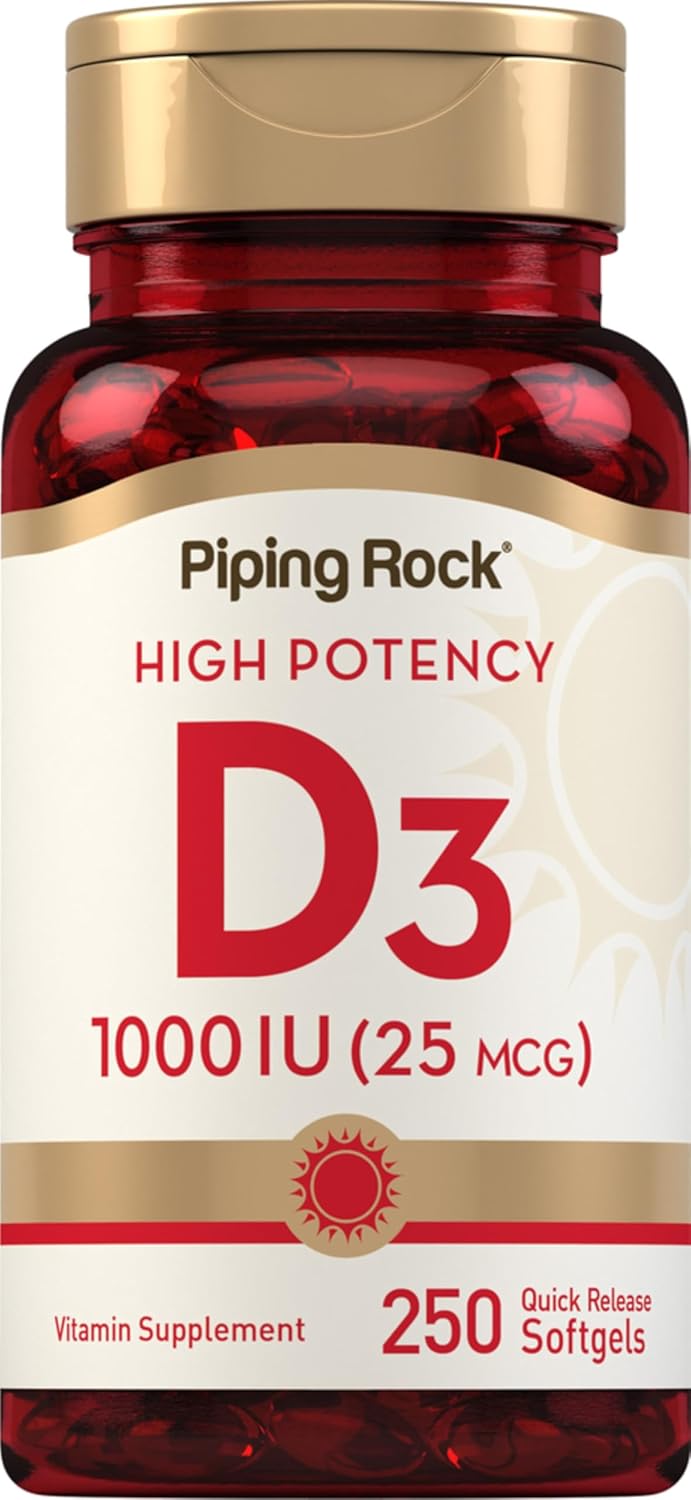 Piping Rock Vitamin D3 1000IU – High Potency (25 mcg) – 250 Softgels – Non-GMO, Gluten-free - görsel 1