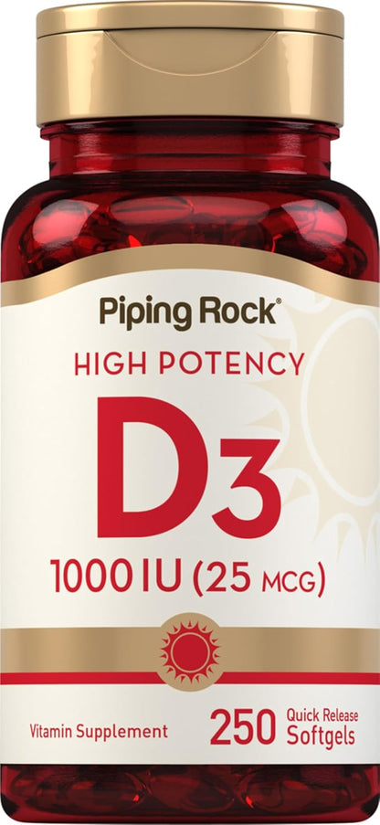 Piping Rock Vitamin D3 1000IU – High Potency (25 mcg) – 250 Softgels – Non-GMO, Gluten-free