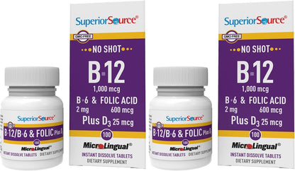 Superior Source No Shot Vitamin B-12 Cyanocobalamin 1000 mcg with B-6, Folic Acid & Vitamin D-3 - 100 Sublingual Tablets