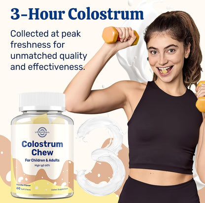 Bovine Colostrum Chews Supplement with 60% IgG - Immune & Gut Support, Grass-Fed, Vanilla Flavour, 60 Soft Chews