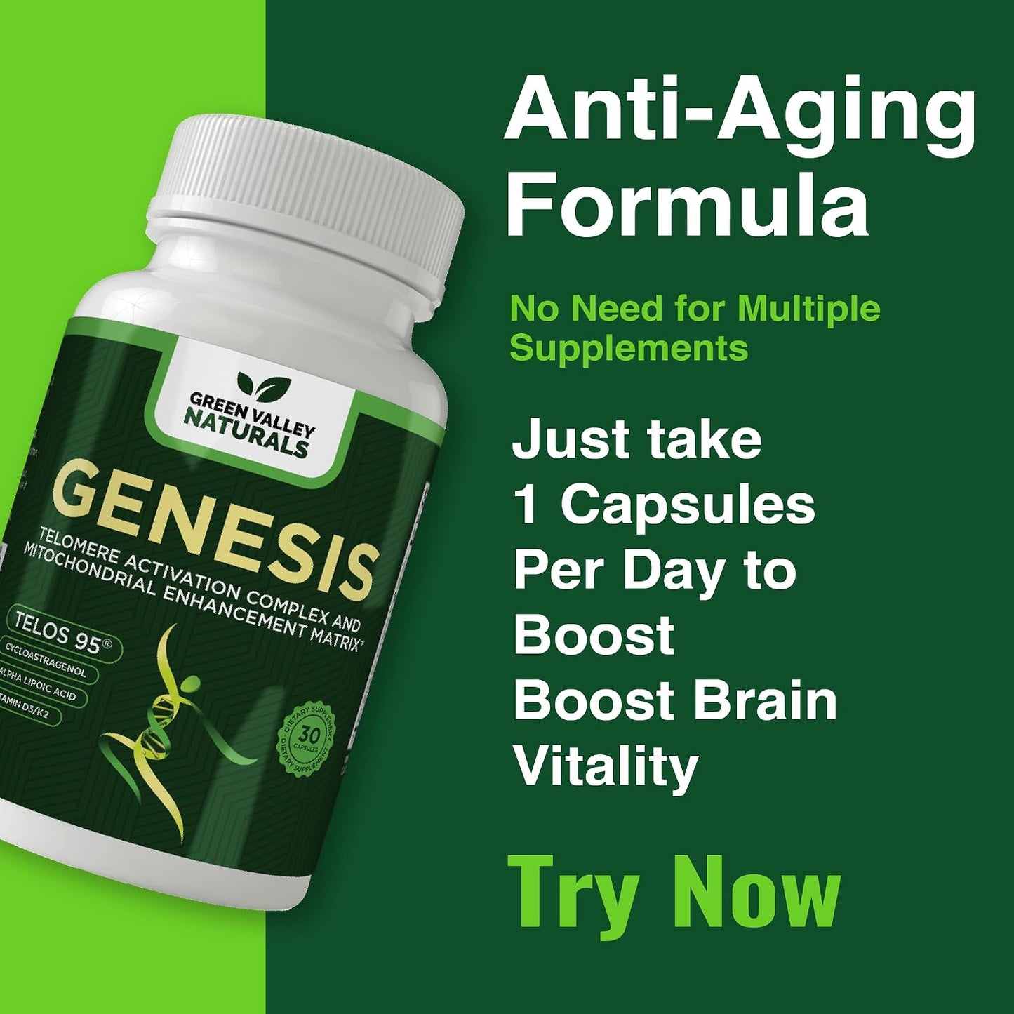 Genesis Telomere Length Supplement – Telos95® Astragalus Extract with CoQ10, D3, K2, ALA & Grape Seed | 30 Veg Capsules - görsel 6