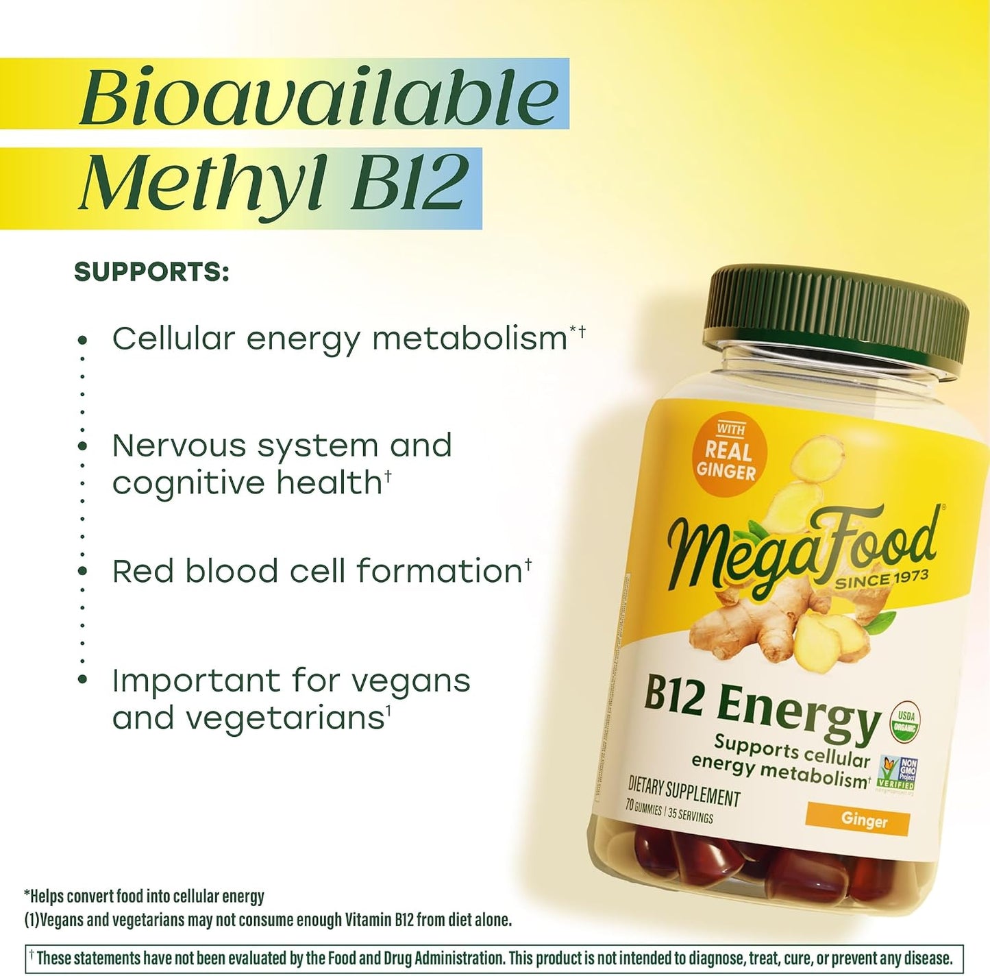 MegaFood Vitamin B12 Energy Gummies - Vegan, Organic, Ginger, 70 Gummies - görsel 4