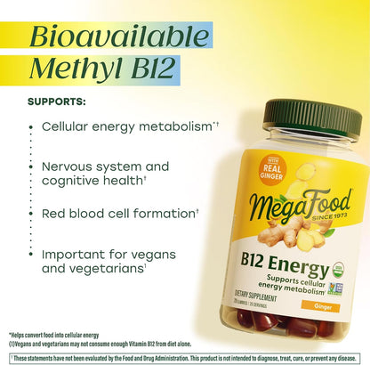MegaFood Vitamin B12 Energy Gummies - Vegan, Organic, Ginger, 70 Gummies