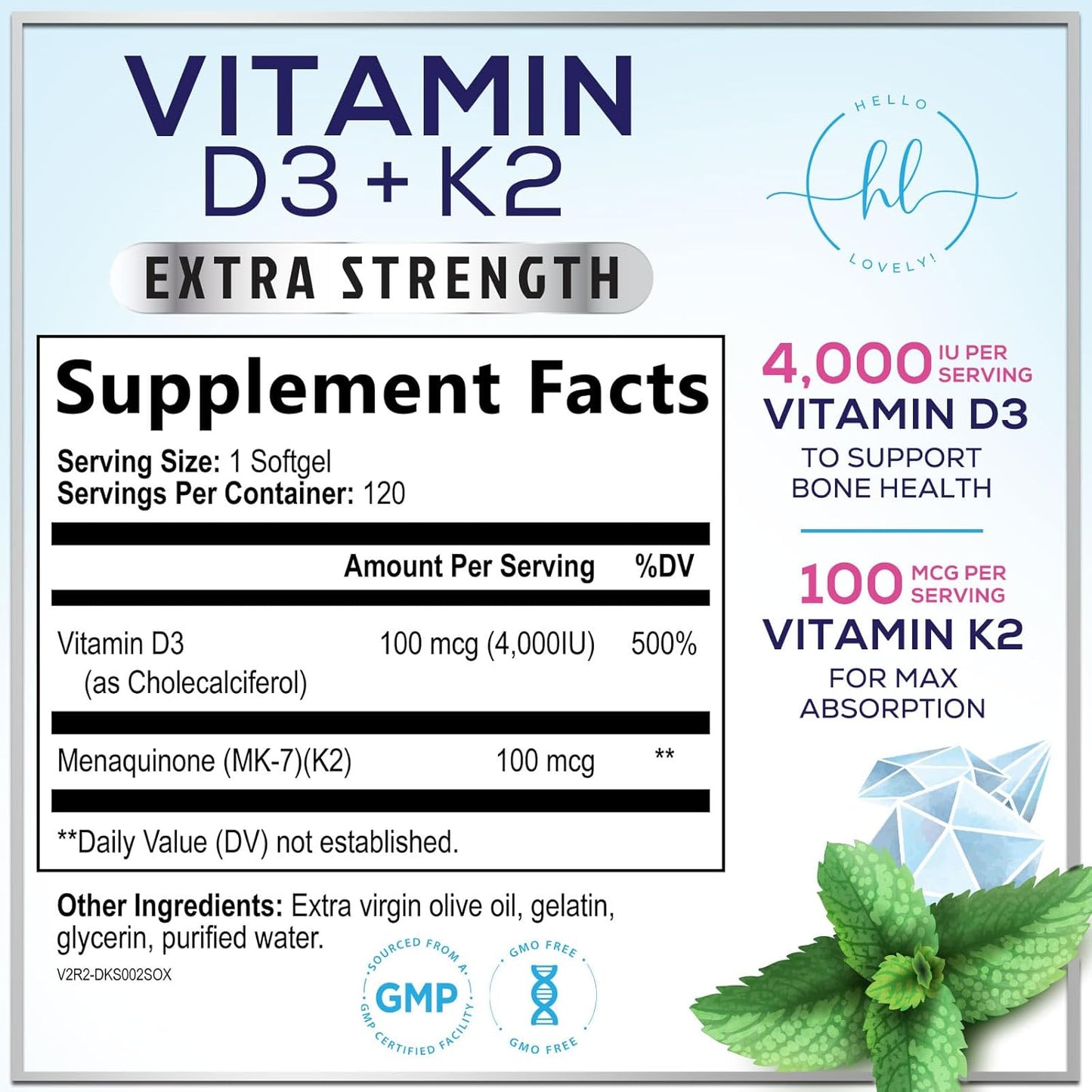 Vitamin D3 with K2 (MK-7) - 4000 IU D3 + 100 mcg K2 per Serving - 120 Soft gel capsules - görsel 2