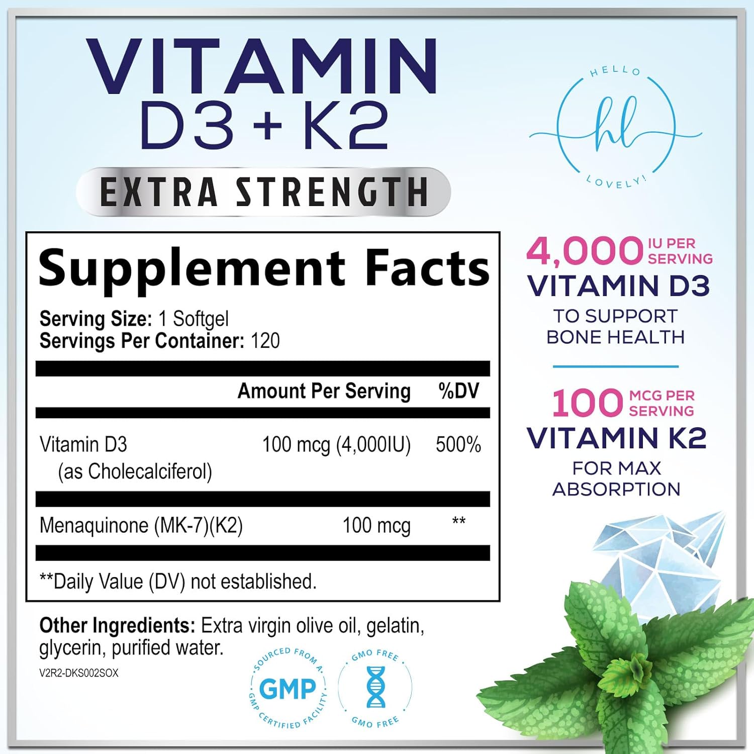 Vitamin D3 with K2 (MK-7) - 4000 IU D3 + 100 mcg K2 per Serving - 120 Soft gel capsules - görsel 2