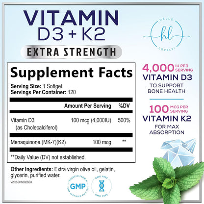 Vitamin D3 with K2 (MK-7) - 4000 IU D3 + 100 mcg K2 per Serving - 120 Soft gel capsules