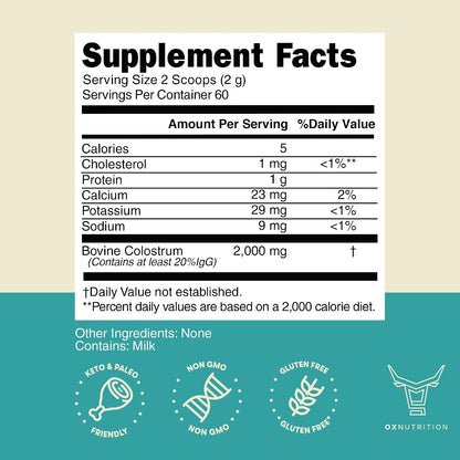 OXNUTRITION Colostrum Powder - Grass-Fed Bovine Colostrum for Gut Health, Immune Support & Muscle Recovery, Unflavoured, 60 Servings
