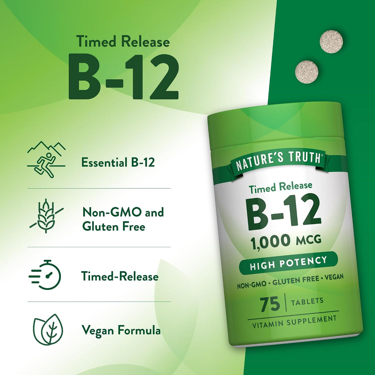 Nature's Truth Vitamin B12 1000mcg Timed Release Tablets – Vegan, Non-GMO & Gluten-free - görsel 5