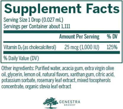 Genestra Brands D-Mulsion 1000 - Liquid Vitamin D Supplement - Natural Lemon Flavour - 1 Fl Oz (30 ml)