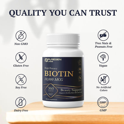 Puregen Labs Biotin 10,000 mcg – High Potency Beauty Support – 360 Vegetarian Tablets