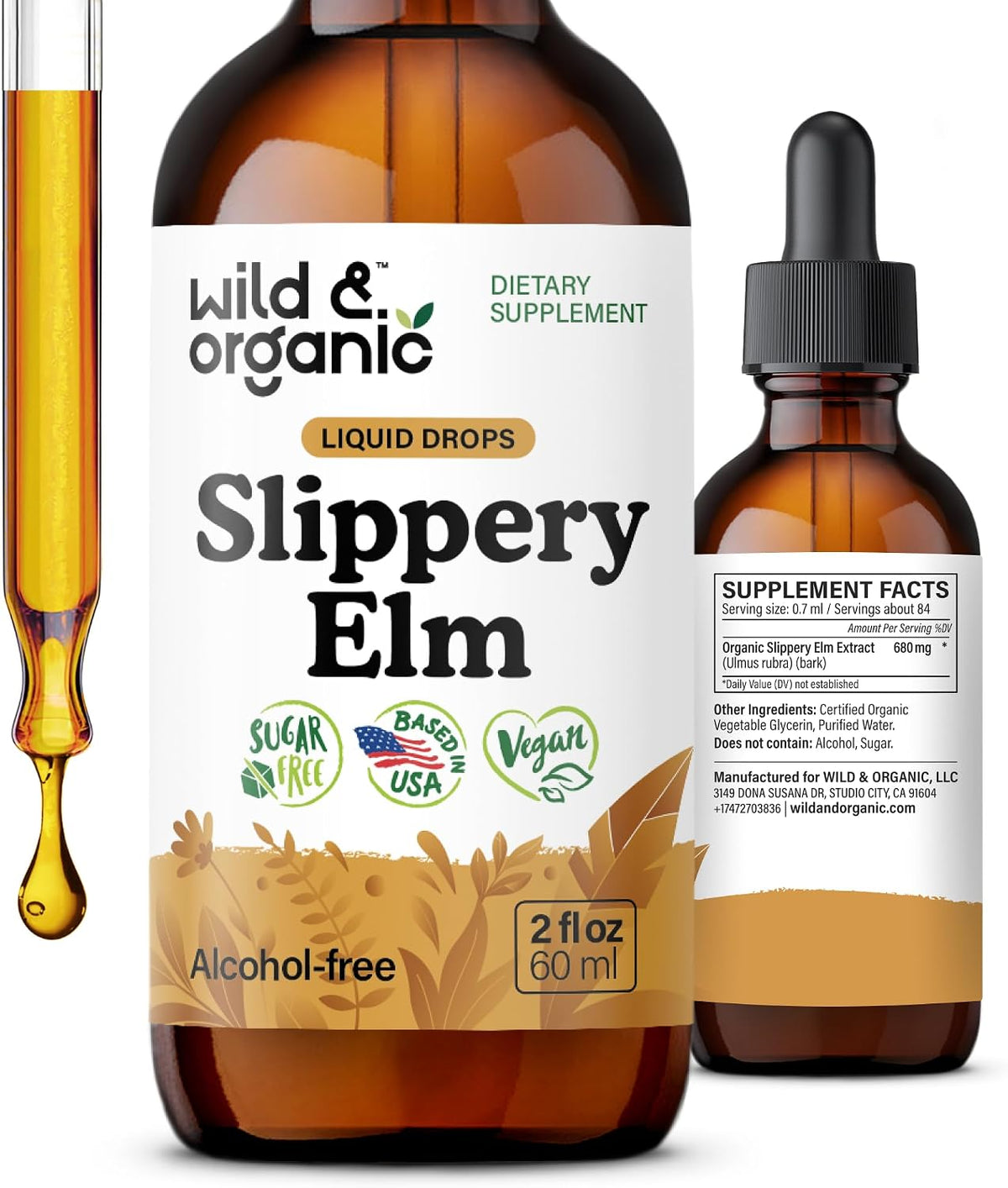 Wild & Organic Slippery Elm Drops – Vegan, Alcohol-Free Liquid Extract, 60 ml - görsel 1