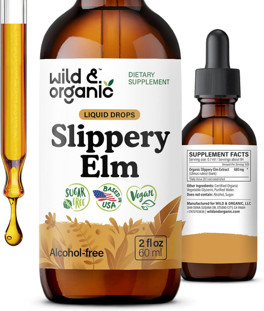 Wild & Organic Slippery Elm Drops – Vegan, Alcohol-Free Liquid Extract, 60 ml