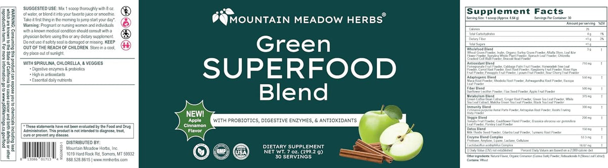 Mountain Meadow Herbs Green Superfood Blend – Organic Greens Powder with Spirulina, Chlorella, Probiotics & Digestive Enzymes – Apple Cinnamon Flavour – 30 Servings - görsel 7