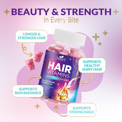 Nature's Choice Hair Support Gummies - 5000mcg Biotin with Vitamins E & C, Berry Flavour