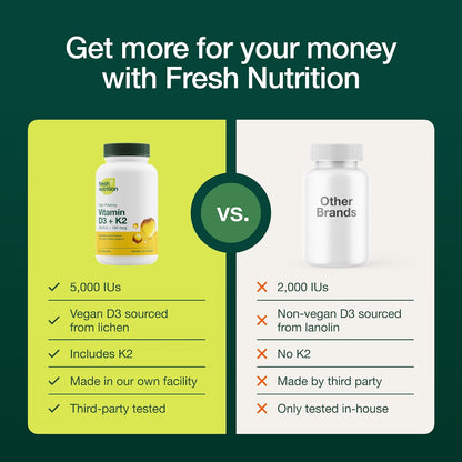 Fresh Nutrition Vegan Vitamin D3 + K2 Capsules - 5000 IU D3 + 100mcg K2 as MK-7 for Optimal Absorption - Immune Health, Bone Health - Non GMO - 90 Capsules, 3 Month Supply