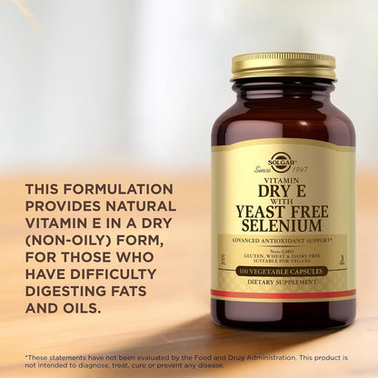 Solgar Dry Vitamin E with Yeast-Free Selenium – 100 Vegetable Capsules – Antioxidant Support