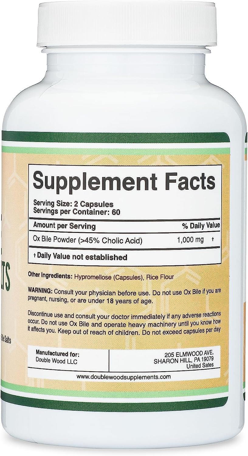 Double Wood Ox Bile Food Supplement - 1,000mg Per Serving (500mg per Capsule, 120 Capsules) - Standardised to 45% Cholic Acid Bile Salts - görsel 3