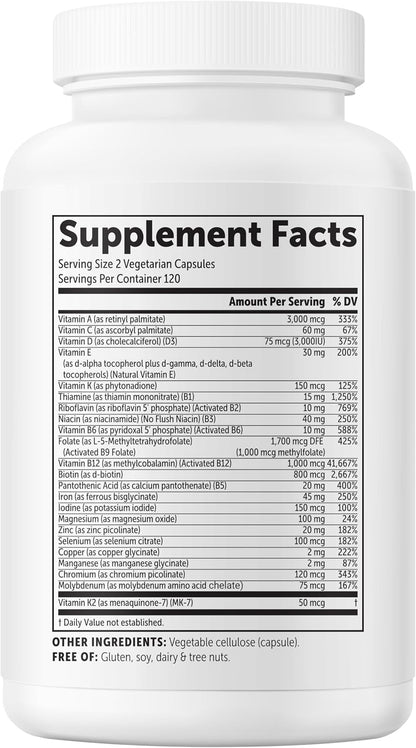 Micro Ingredients Methylated Bariatric Multivitamin with 45mg Iron for Women & Men, 240 Veggie Capsules