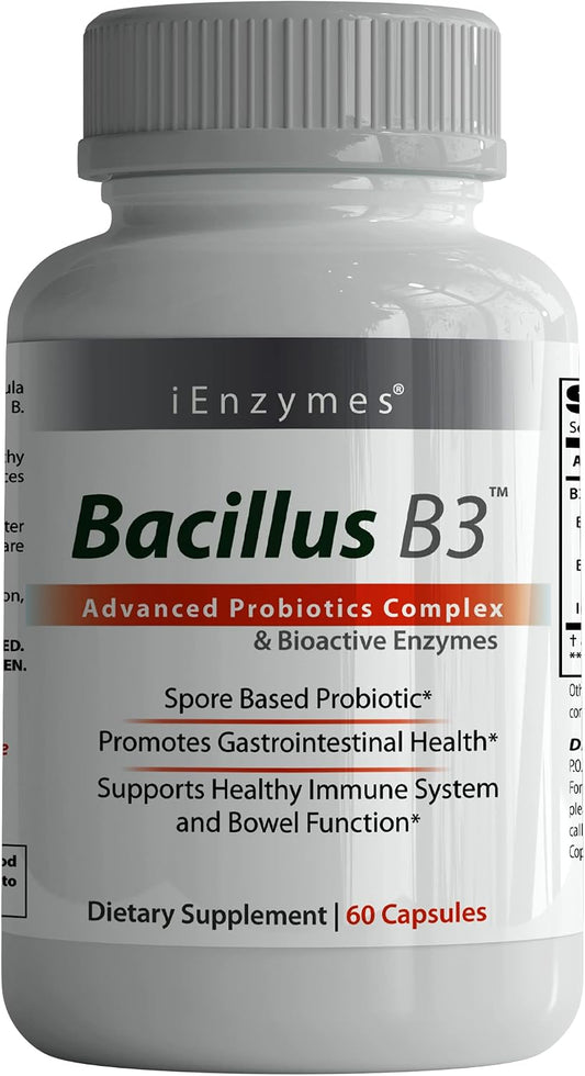 Bacillus B3 Spore-Based Probiotic + Enzymes for Gut Health & Microbiome Support, Shelf-Stable Daily Probiotic with Bacillus Coagulans, Bacillus Subtilis & Bacillus Clausii, 60 Capsules