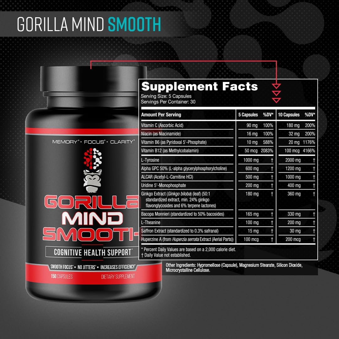 Gorilla Mind Smooth Nootropic Formula - Non-Stimulant, Memory & Focus Support, 150 Capsules - görsel 2