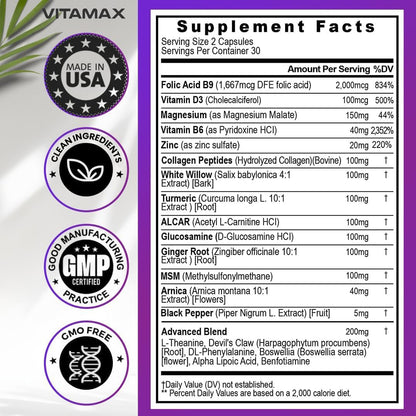 Sciatic Nerve Health Support – Supplement with Folic Acid, Glucosamine, MSM, Vitamin B Complex, Alpha Lipoic Acid – 60 Capsules