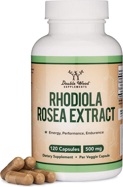 Rhodiola Rosea Food Supplement 500mg, 120 Vegan Capsules (3% Salidrosides, 1% Rosavins Extract) by Double Wood