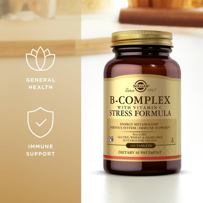Solgar B-Complex with Vitamin C Stress Formula, 100 Tablets (Pack of 2)