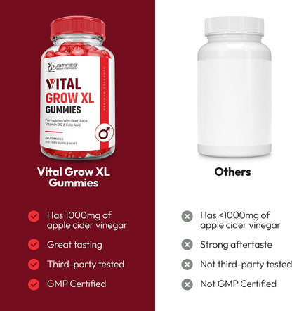 Justified Laboratories Vital Grow XL Gummies – Apple Cider Vinegar, Folate and Vitamin B12 – 90 Servings