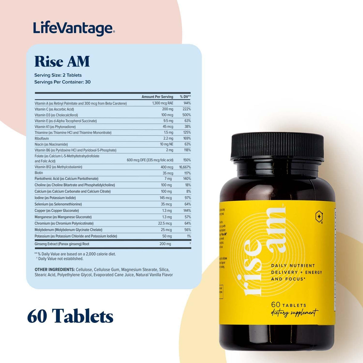 LifeVantage Rise AM - Advanced – Folate (as L-methylfolate): An active form of B vitamin that plays a key role in – Image 2